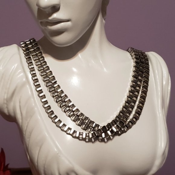 Multi Strand Necklace Silver Tone Links 20" - Picture 2 of 4